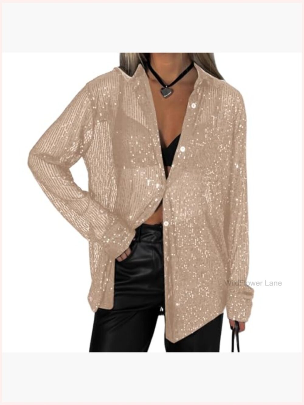 Sequin Long Sleeve Button Down Shirt Open Front Glitter Blouse Tops - Picture 3 of 4